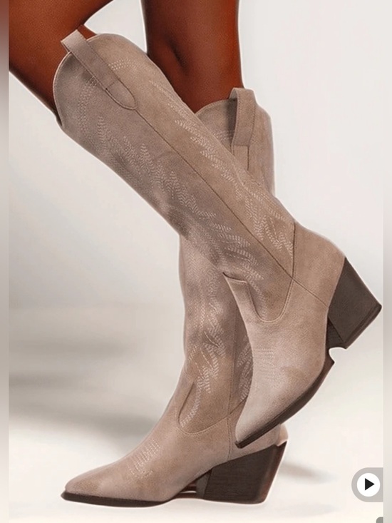 Shoes - Cowgirl Boots Pointed Toe Block Heel Mid Calf Embroidered Faux Suede Size 6 36